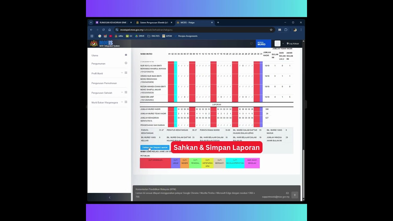 LAPORAN KEHADIRAN BULANAN MURID @ idMe : CARA SAHKAN, SIMPAN & CETAK LAPORAN (PDF)