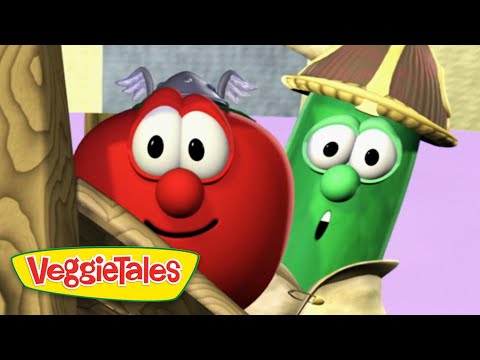 Tomato and cucumber VeggieTales characters peeking from behind a tree with the VeggieTales logo nearby.