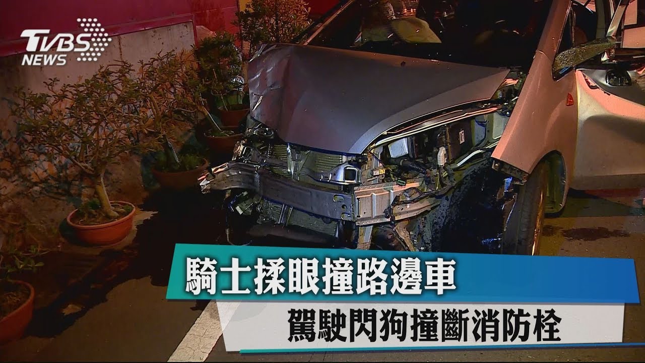騎士揉眼撞路邊車 駕駛閃狗撞斷消防栓