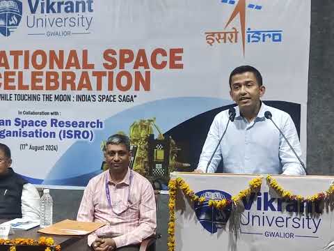Mr. Vikrant Singh Rathore, Pro-Chancellor VU Gwalior addressing the National Space Day event at VU.