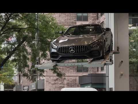 ParkPlus Suspended Lift Display Units above the showroom floor at Mercedes-Benz Manhattan — video