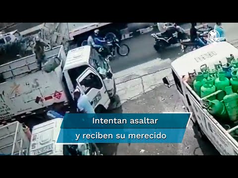 Hombre evita asalto lanzando un tanque de gas al ladrón