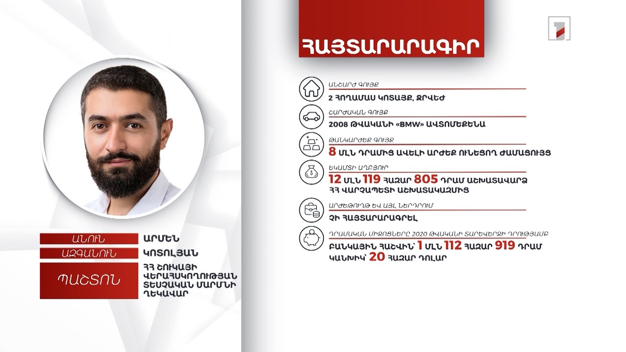 2 անշարժ գույք, ավտոմեքենա, 20 հազար դոլար. ՇՎՏՄ ղեկավար Արմեն Կոտոլյանի հայտարարագիրը