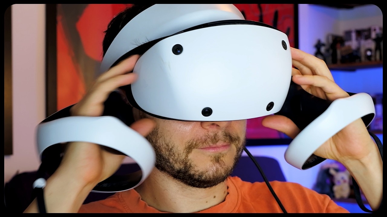 A person lifting a white PlayStation VR2 headset toward their face while holding both Sense controllers