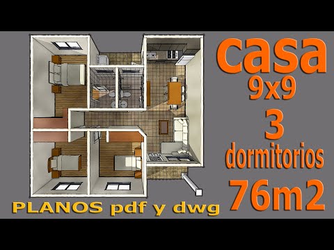 Casa de 76 m2. Plano de vivienda con 3 dormitorios, 2 baños, sala, comedor y cocina Home design 9x9
