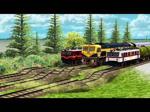 3 Trains Goes Fast On Risky Bumpy Railroad Track-Crossing Speed Bump Railroad Track Train Simulator
