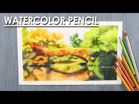 Bridge in the Autumn Forest Watercolor Pencil Landscape Drawing | step by step