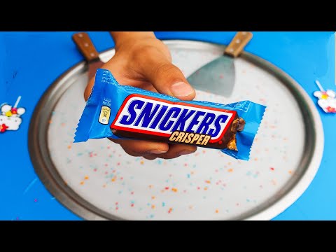 Blue Snickers with Peanuts, Cinnamon, Nougat, Caramel and Milk Chocolate - Ice Cream Rolls | ASMR