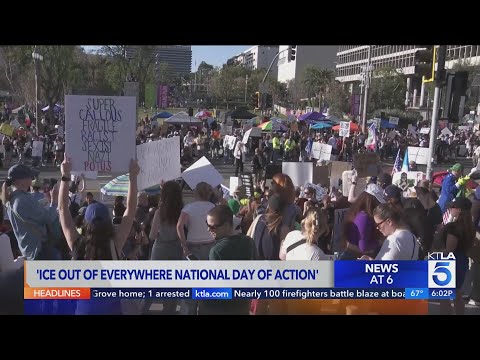 Large crowds gather in downtown L.A. for ICE Out rally
