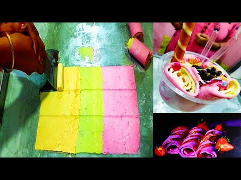 Satisfying Video| Strawberry Ice-cream Roll|How to make ice-cream Roll|Frozen delight live ice-cream