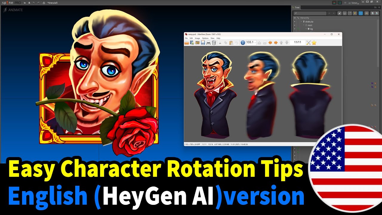 Easy Character Rotation Tips! Spine 2D. English Version. HeyGen.