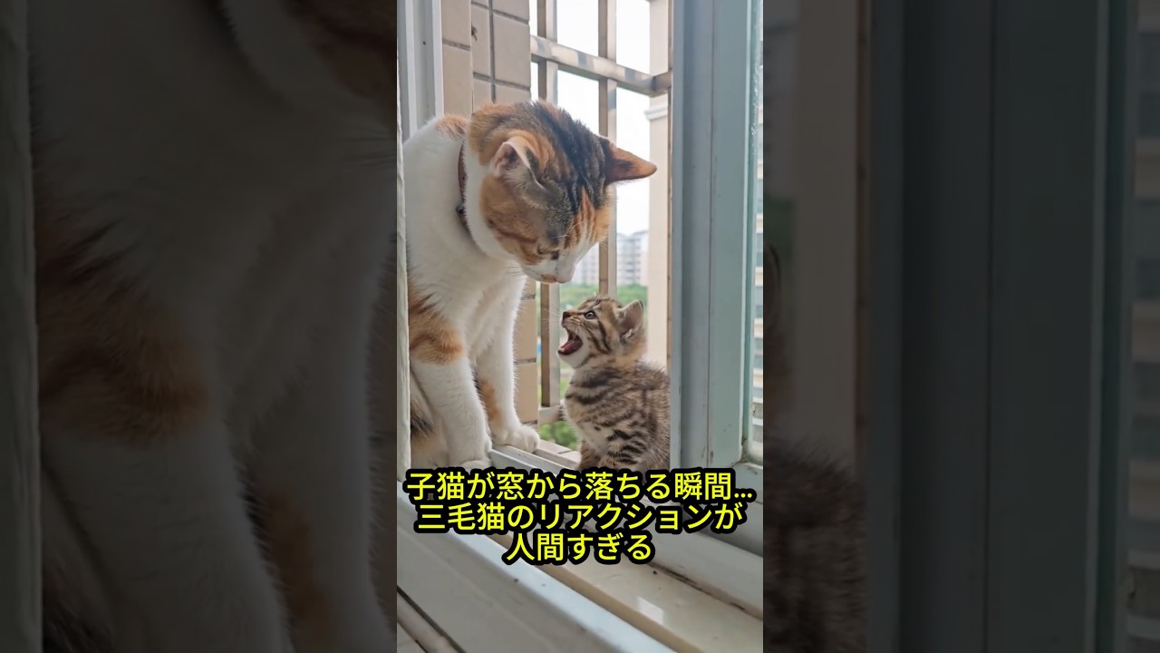 【放送事故】子猫が窓から落ちる瞬間…三毛猫のリアクションが人間すぎる