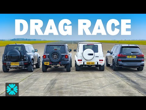 Defender V8 v Jeep Wrangler v Merc-AMG G63 v BMW X7 M50i 1/4 MILE RACE