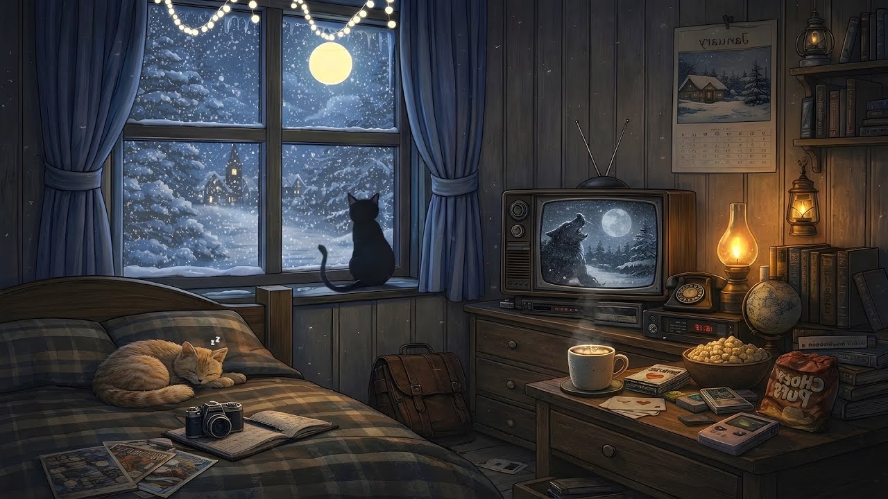 Vintage room on a snowy night 1940's with classic oldies music playing in another room