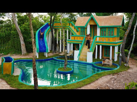 Build a Luxury Temple House And Water Slide Into Underground Swimming Pool, Water Park ,Cooking