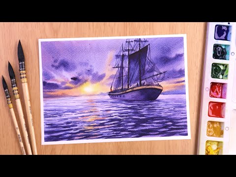 watercolor painting of sea side sunset with ship by shiba