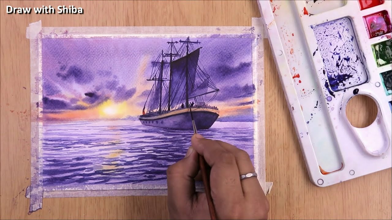 watercolor painting of sea side sunset with ship by shiba
