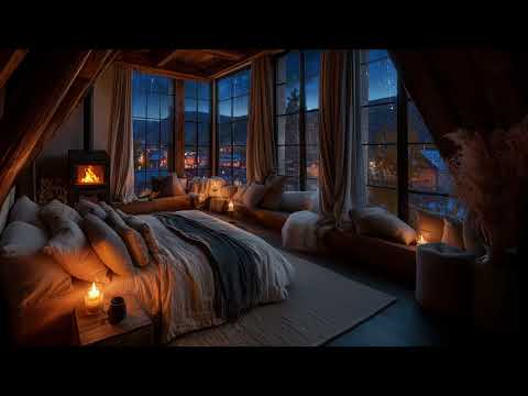 Rain & Fireplace Sounds in Cozy Loft Bedroom 🌧️🔥 | Gentle Night Ambience for Sleep