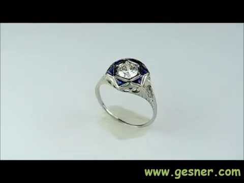 Art Deco .54ct. Diamond, Sapphire & 18K White Gold Engagement Ring - J34991