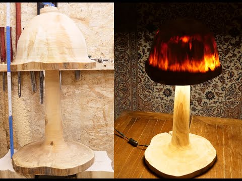 Woodturning a mushroom LED lamp from ginkgo wood english subtitles