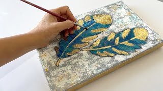 Easy Feather painting with Acrylics for beginner | Texture Art Tutorial | Gold Leaf Art