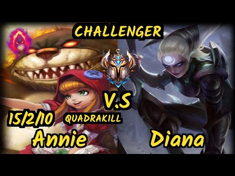 Annie Bot (ANNIE) vs DIANA - QUADRAKILL 15/2/10 KDA MID CHALLENGER GAMEPLAY - NA