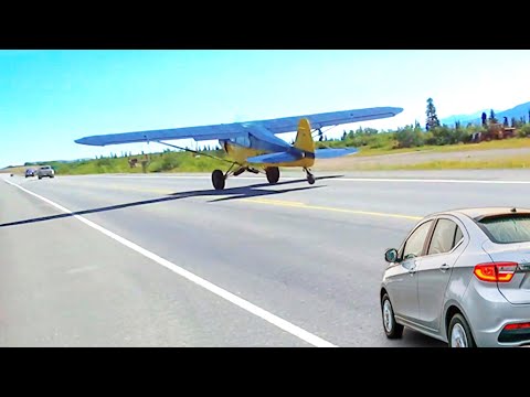 This Aircraft takes off from a Road with high traffic.