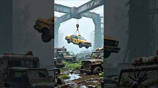 Exploring a collection of rusty old Jeep ambulance  and taxis hanging from an abandoned old crane.