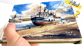  A Lovely Day! Blue Sky, White Clouds, Sunshine, Harbor, Boats ! Palm-Sized Watercolor【No.2】
