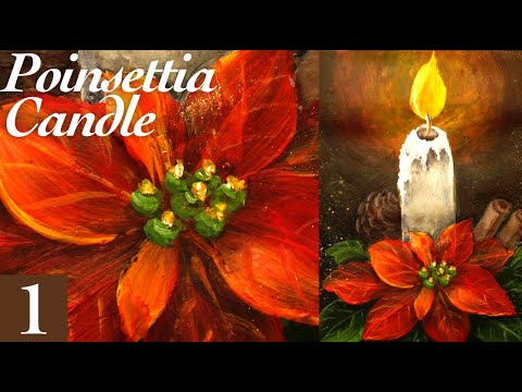Poinsettia and Christmas candle painting  with acrylic part 1