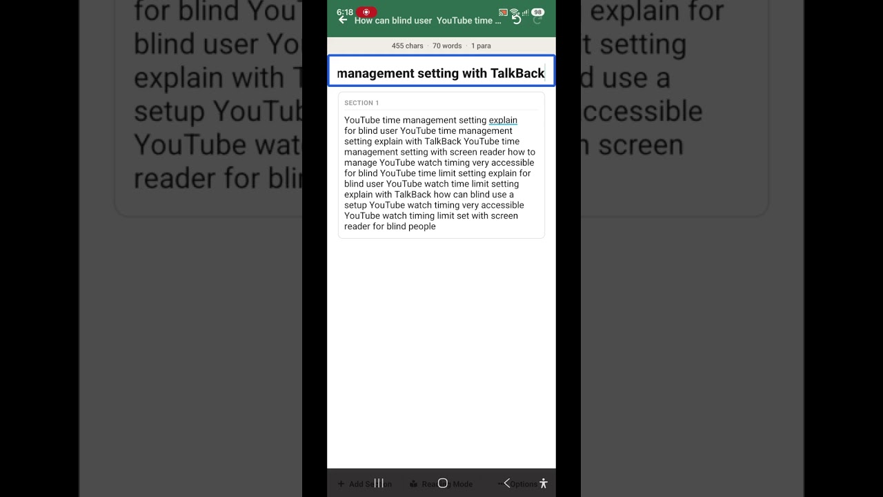 YouTube accessible player and time management and  height control setting for blind YouTube features