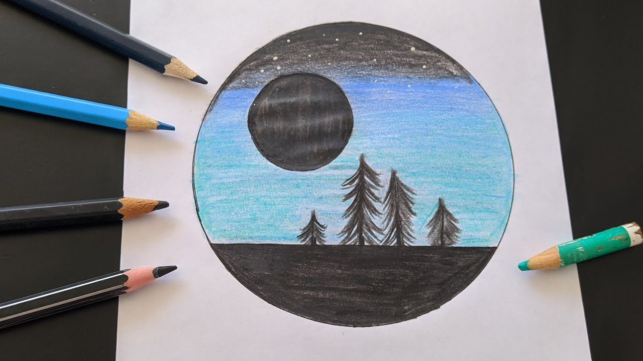 Desenho de paisagem no círculo. Aurora e céu estrelado. Desenho para iniciantes.