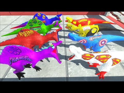 Team Superman T-rex vs Spiderman Spinosaurus Death Run Race - Animal Revolt Battle Simulator