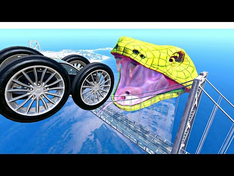 INCREDIBLE BIG WHEEL MONSTER CARS Jumping into Giant Green Aggressive Snake - BeamNG.Drive