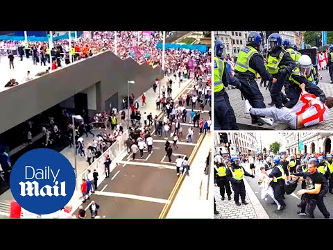 Shocking moment ticketless England fans storm Wembley and fight before Euro 2020 final