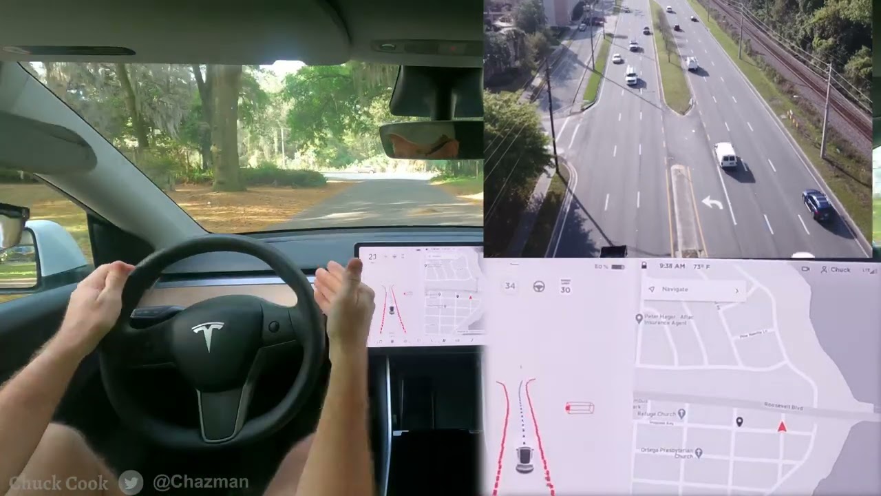 FSDBeta 8.2 - 2021.4.11.1 - 4K Drone View of Unprotected Left Turns with Forward Facing Traffic