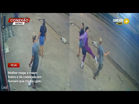 Vídeo: Mulher reage a maus-tratos e dá cadeirada em homem que chutou gato.