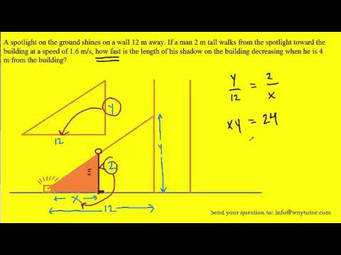 A spotlight on the ground shines on a wall 12 m away. If a man 2 m tall walks from the spotlight tow