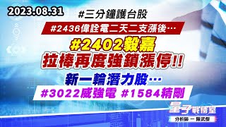 【量子戰情室】#陳武傑 0831 #三分鐘護台股 #2436偉詮電二天二支漲後…#2402毅嘉拉棒再度強鎖漲停!!新一輪潛力股…#3022威強電#1584精剛 (圖)
