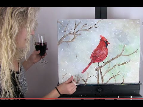 How to Paint a Cardinal in Snow with Acrylics | Paint and Sip at Home | Step by Step tutorial