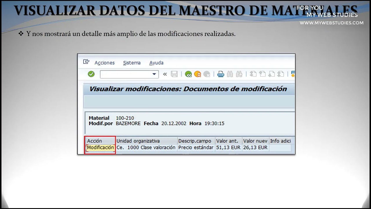 🎓  Curso SAP MM: visualizar datos del maestro de material    🥇 Curso gratis en www.mywebstudies.com