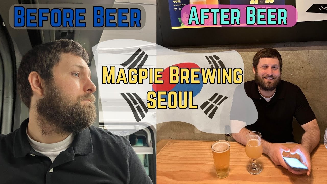 The Magpie Brewing Co taproom in Seoul Korea with multiple craft beer taps and customers enjoying beer at wooden tables in the brewery