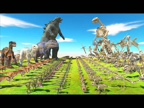 Dinosaurs revolt battle with Godzilla 2014 + Indominus Rex + Indoraptor VS Team King Skeleton