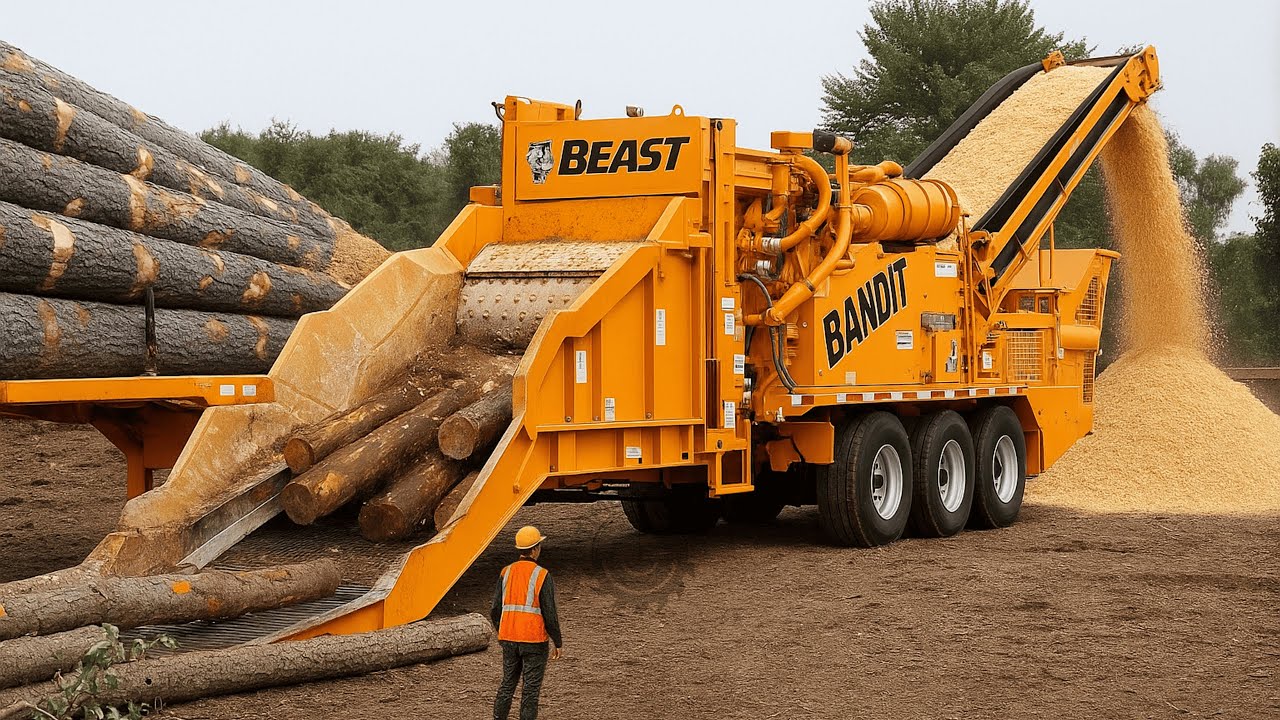 Le broyeur à bois le plus rapide du monde en action | Broyeur d'arbres dangereux et excavateur po...