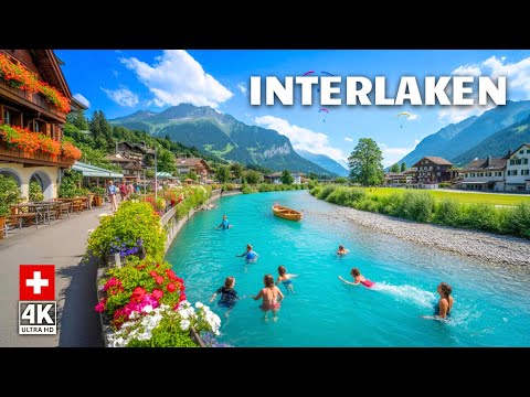 Walking in Interlaken, Switzerland 🇨🇭 | 4K Tour of a Beautiful Swiss Town in the Alps