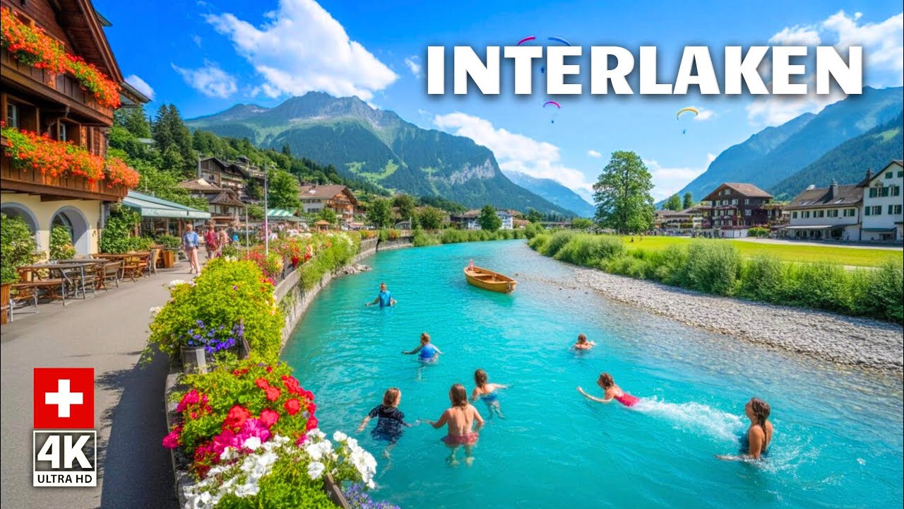 Immersive street-level walking tour through Interlaken Hoheweg, Switzerland, showcasing authentic urban landscapes, local architecture, and the vibrant atmosphere of the city's neighborhoods
