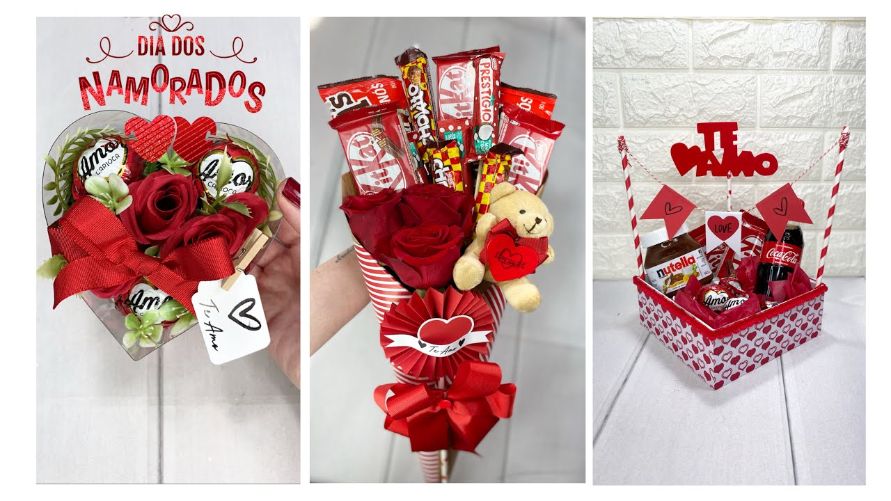 4 ideias para o Dia dos Namorados/ buquê de chocolates, caixa de papelão e coração de garrafa pet...