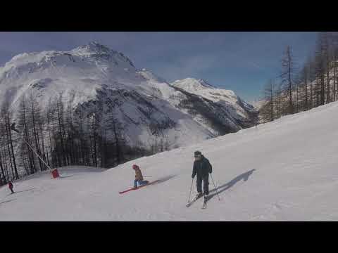Skiing Piste M the front of the Solaise at Val D'Isere December 2018.