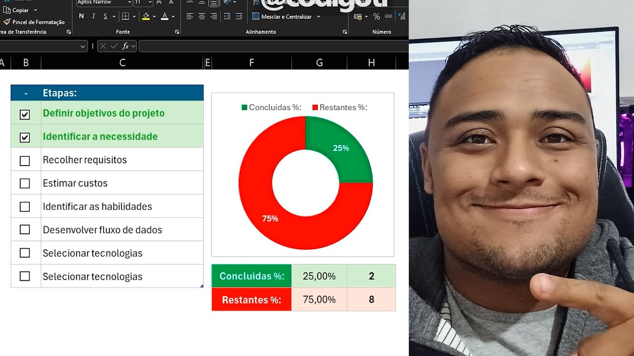 Lista de tarefas com gráfico e caixa de seleção  (checkbox) no Excel