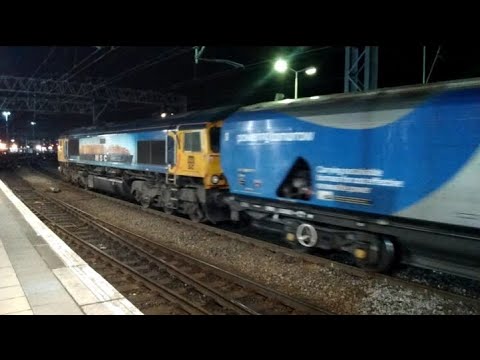 GBRf class 66 loco hauling loaded biomass train to Drax P.S. passing Manchester Piccadilly rly stn